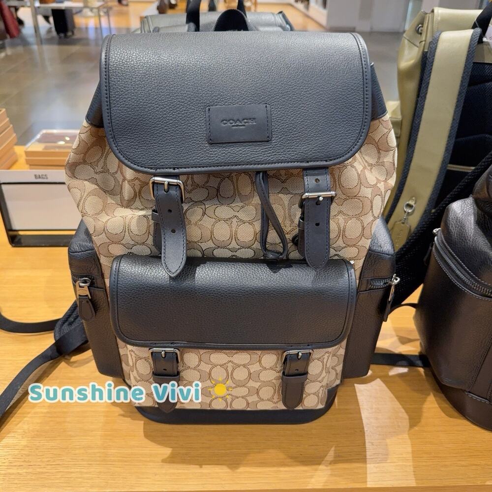 NWT Coach Sprint Backpack In Signature Jacquard Gunmetal/Tan/Black CBM50